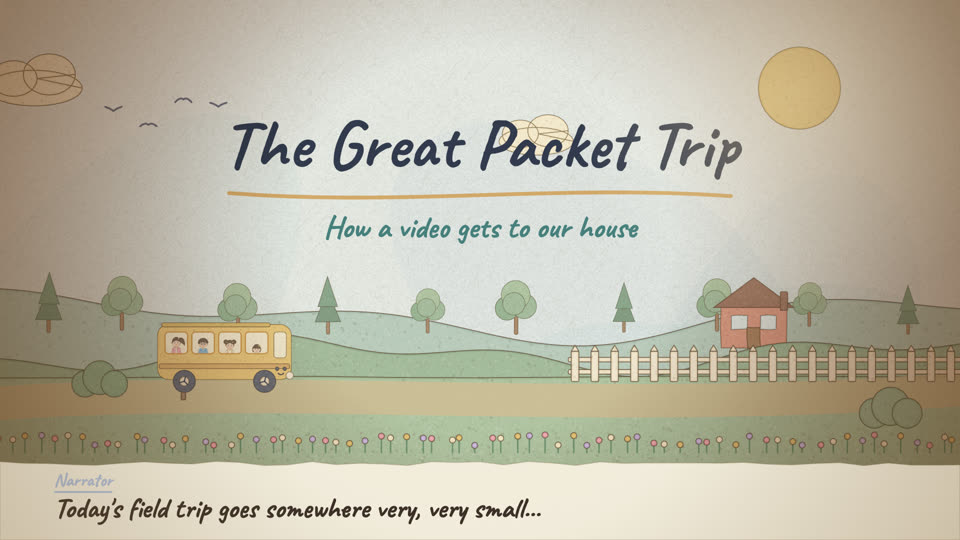 Watercolor title page: The Great Packet Trip, with Bitsy the bus driving through green hills