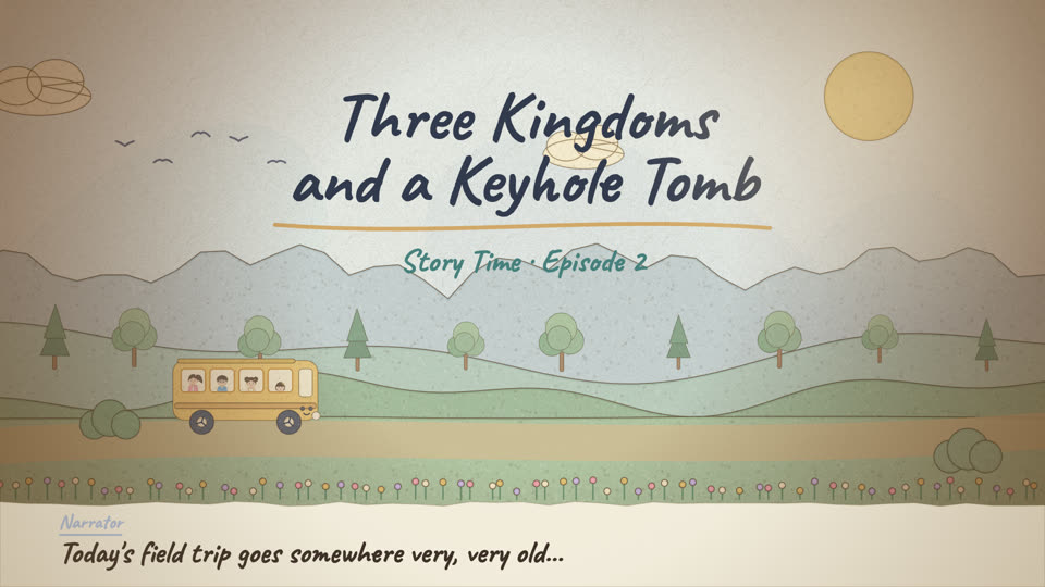 Watercolor title page: Three Kingdoms and a Keyhole Tomb, with Bitsy driving past mountains